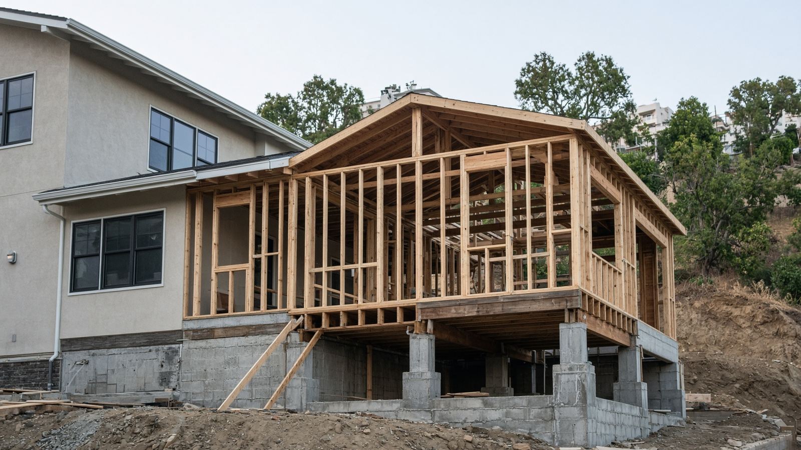 Home addition framing attached to a stucco house