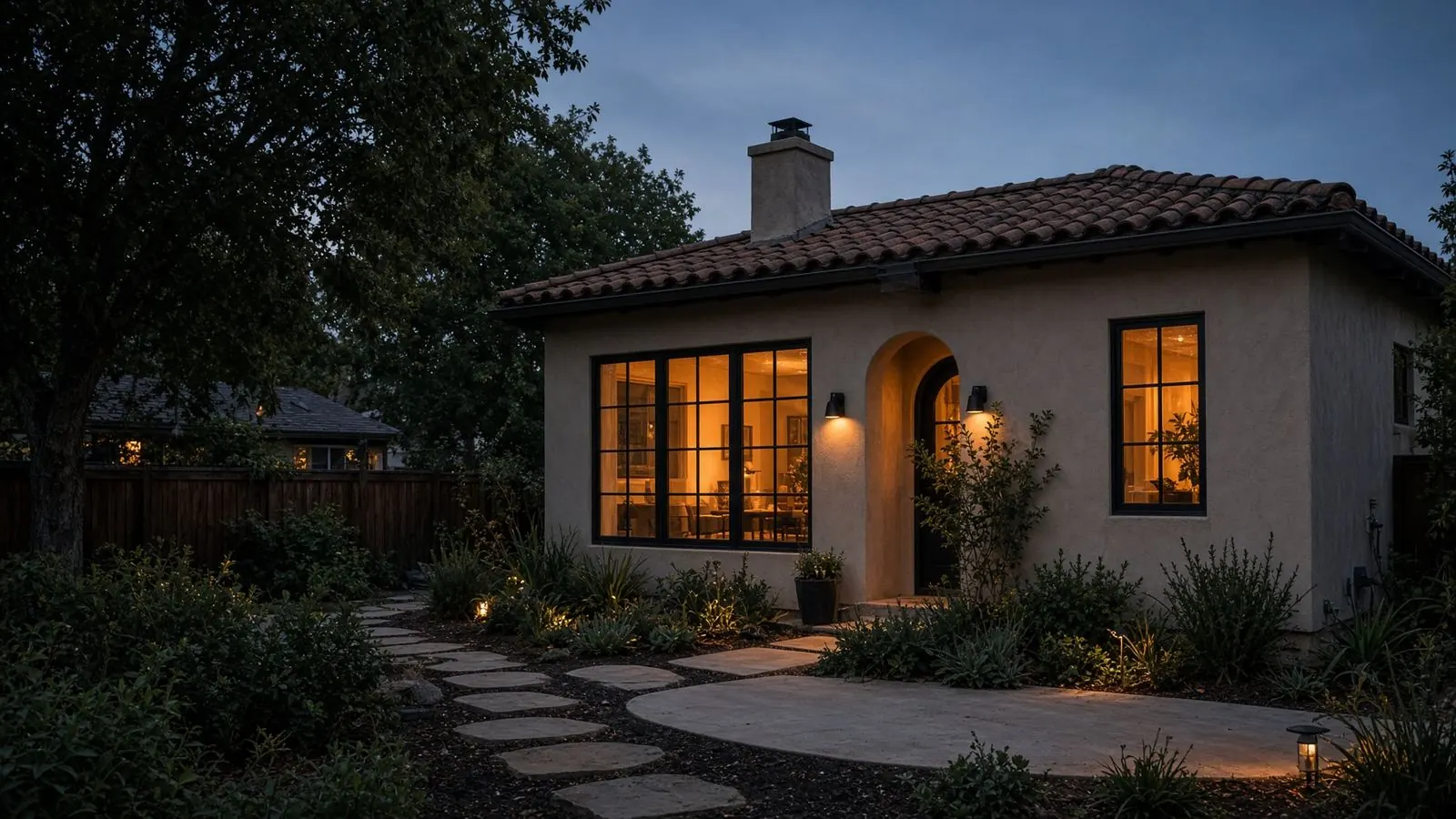 Finished backyard ADU at dusk in the San Fernando Valley