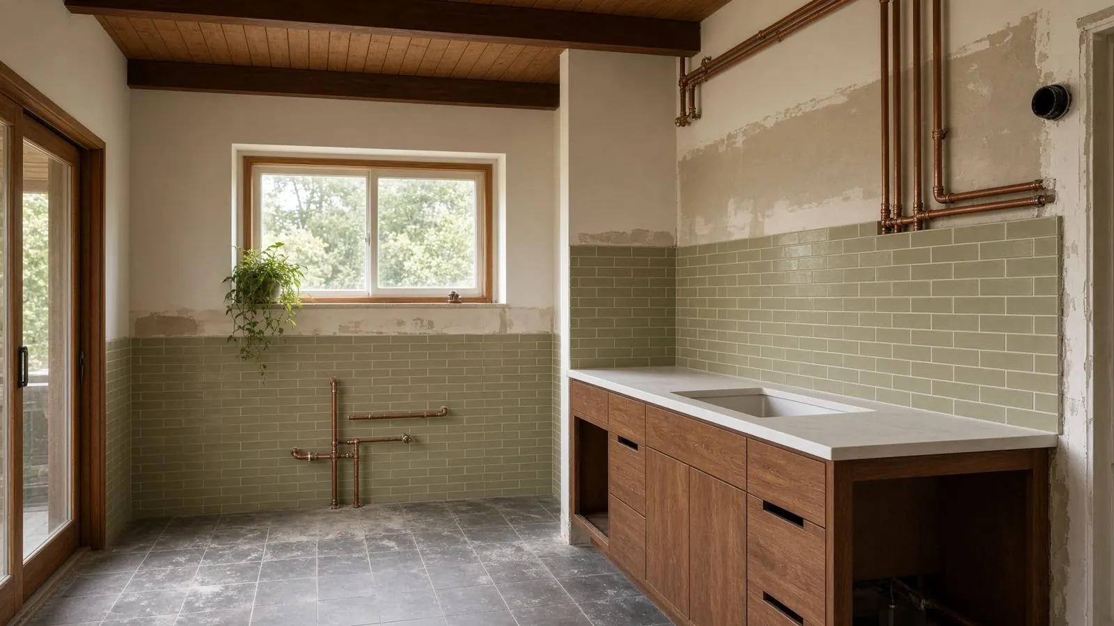 Bathroom remodel in progress with copper pipes and stacked tile