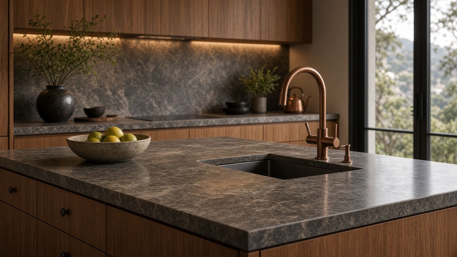 Kitchen island with stone counter and copper faucet