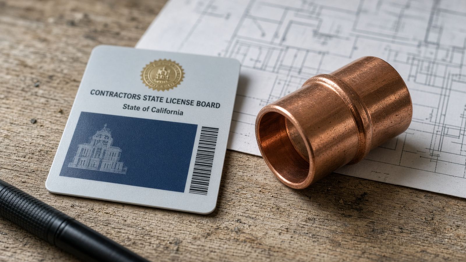 Contractor license and copper fitting on a job-site table