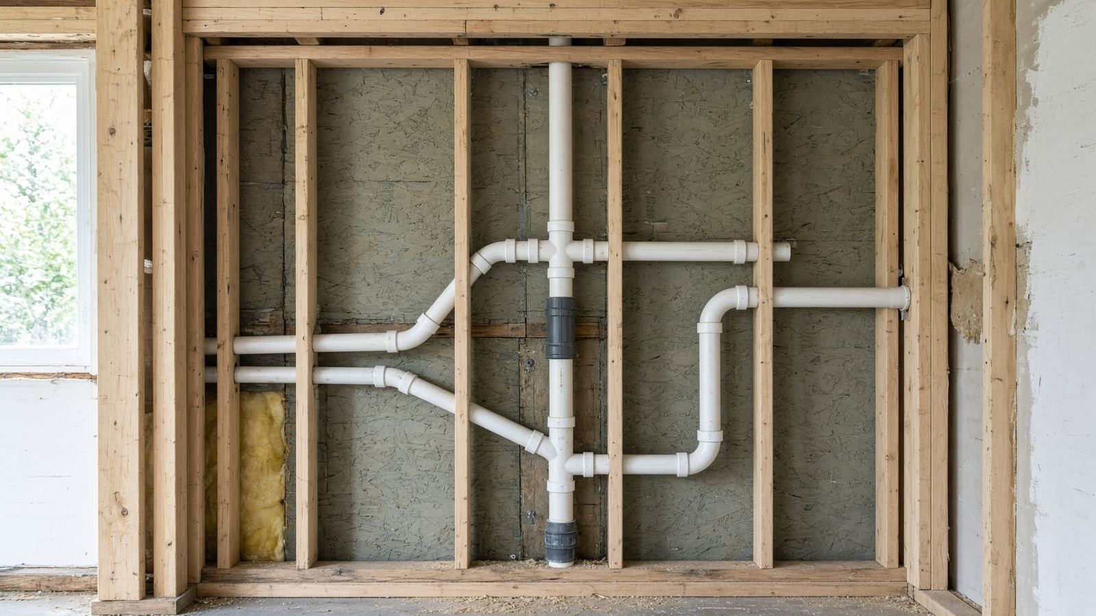 Open framed wall with plumbing stack during ADU construction