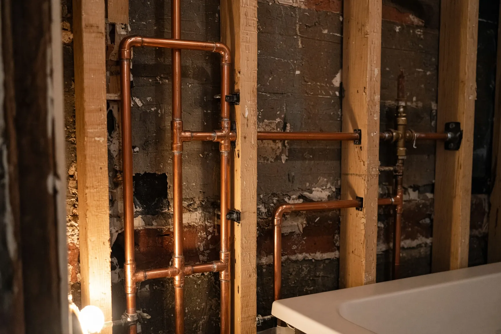 Open wall with copper plumbing during a remodel